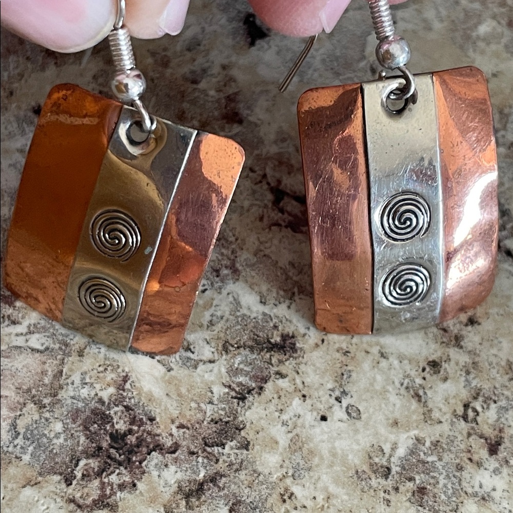 Copper And Silver Rectangular Earrings - image 1
